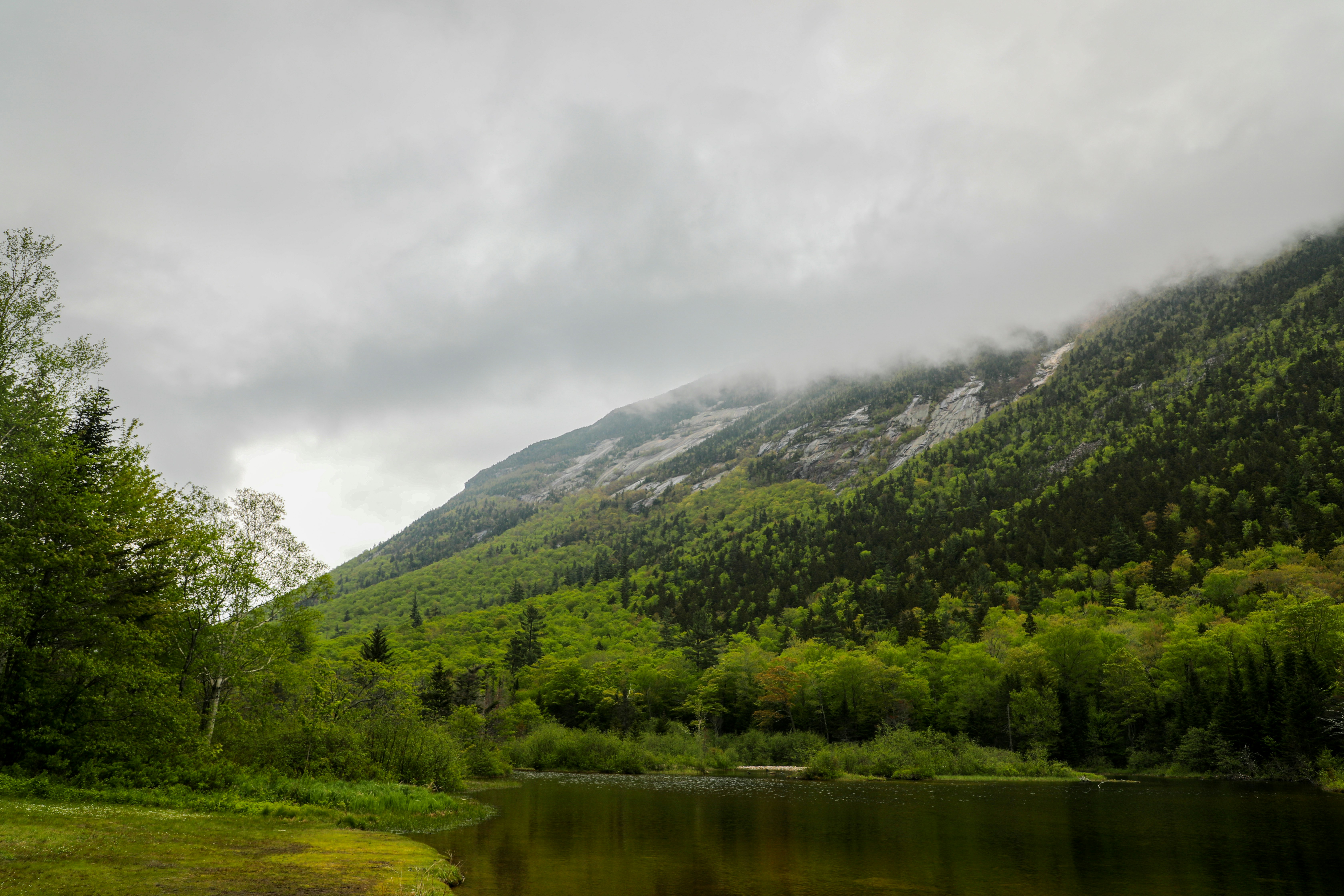 body of water across green mountain